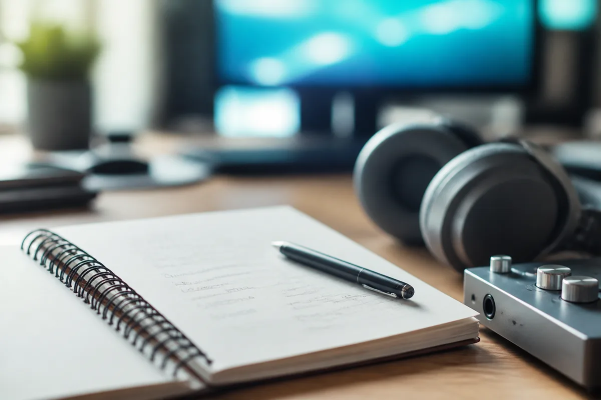 Carnet ouvert sur un bureau de montage avec casque audio et interface de station audionumérique en arrière-plan