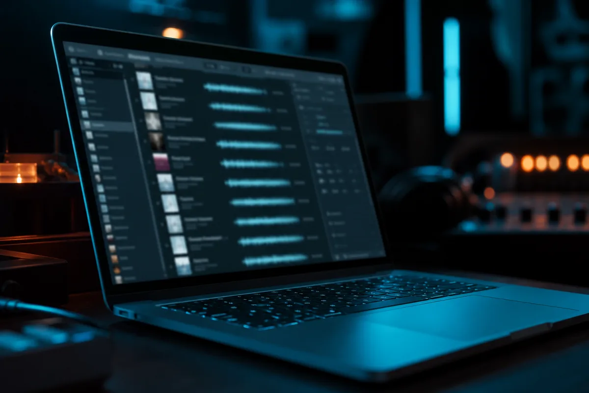 Écran d’ordinateur affichant une interface de banque audio avec formes d’ondes et panneau de filtres latéral