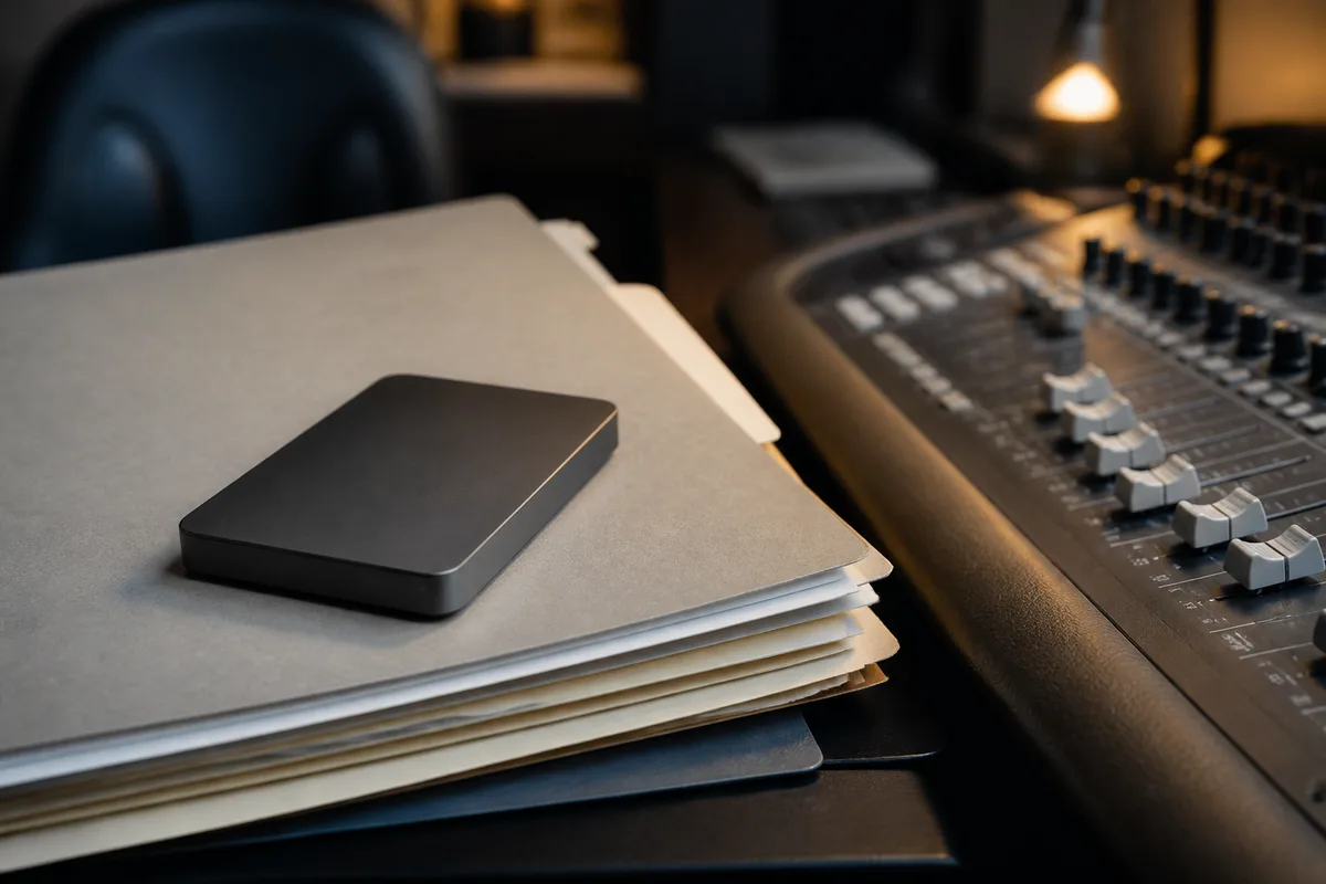 Classeur de dossiers numériques et disque de sauvegarde posés près d’une console de mixage audio