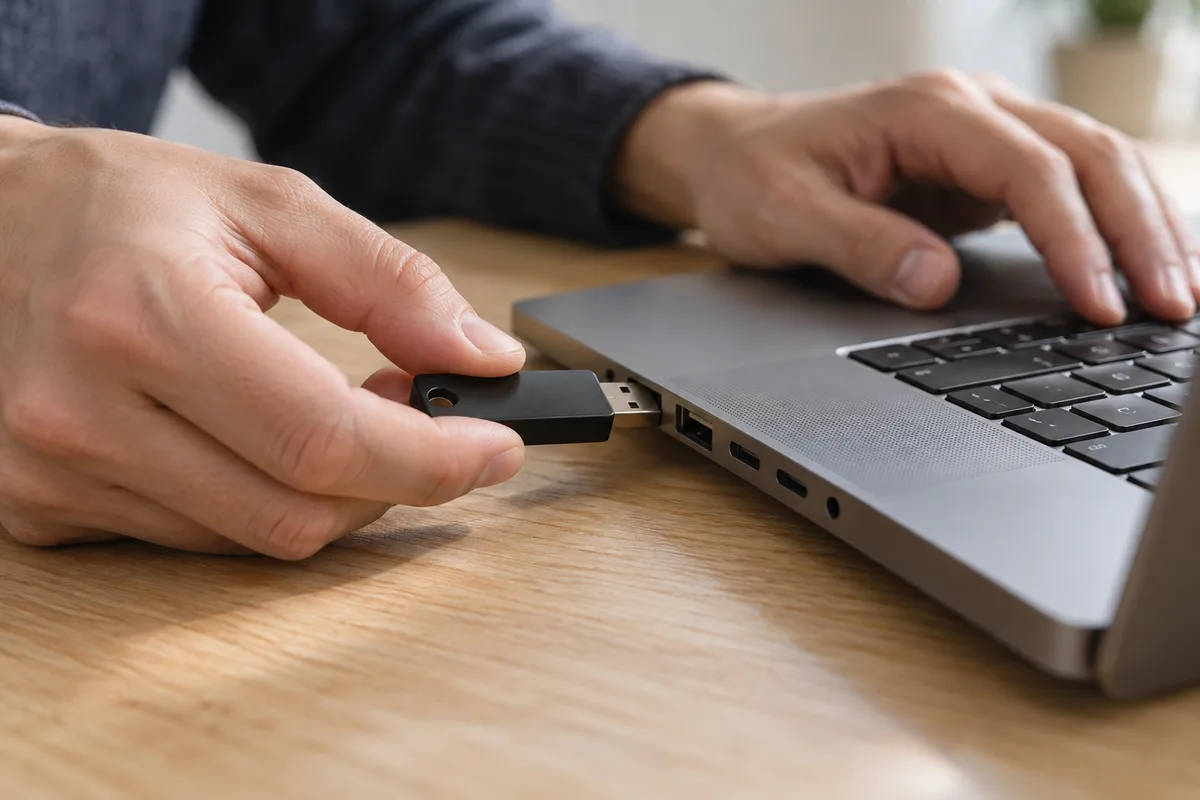 Mains branchant une petite clé de sécurité USB sur le côté d&rsquo;un ordinateur portable
