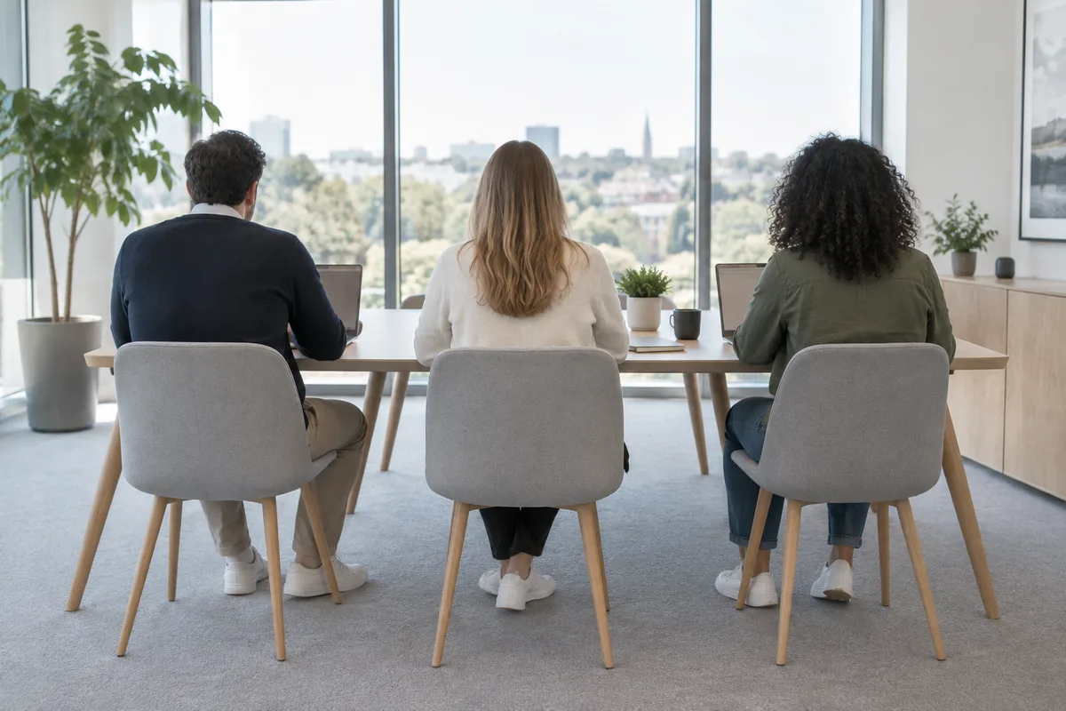 Équipe de trois personnes vues de dos autour d&rsquo;une table de réunion