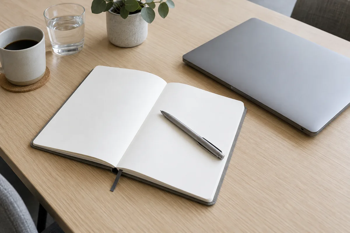 Carnet à couverture unie ouvert sur une double page blanche à côté d&rsquo;un ordinateur portable fermé