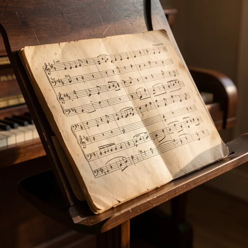 Partition manuscrite ancienne posée sur un pupitre en bois sombre