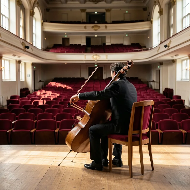 Violoncelliste en répétition dans une salle de concert vide, lumière naturelle