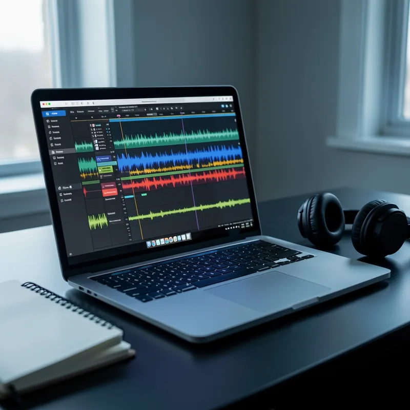Ordinateur portable ouvert sur une timeline de montage vidéo dans un bureau sombre