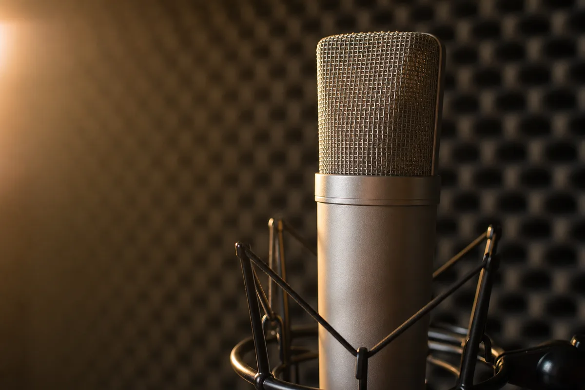 Micro de studio suspendu dans une cabine tapissée de mousse acoustique