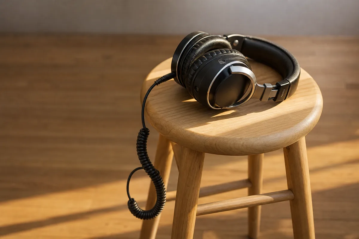 Casque audio fermé posé sur un tabouret en bois, câble spiralé