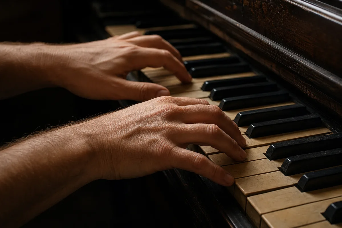 Mains d’un musicien posées sur les touches d’un piano droit, lumière rasante