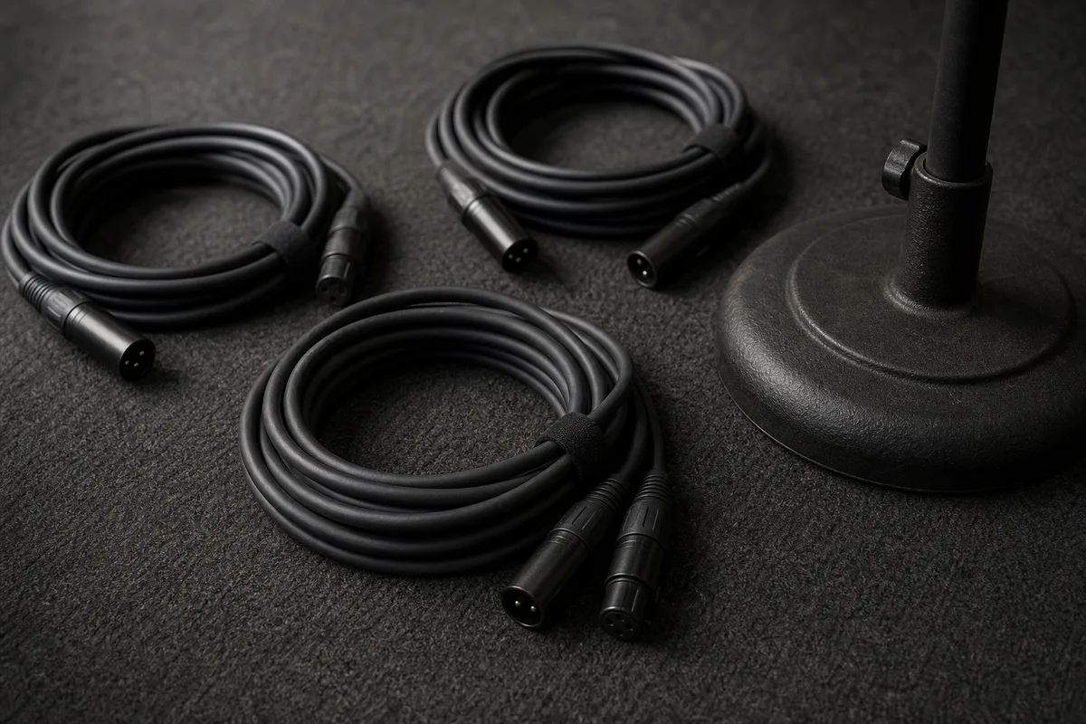 Câbles XLR enroulés à côté d’un pied de micro sur un tapis de studio