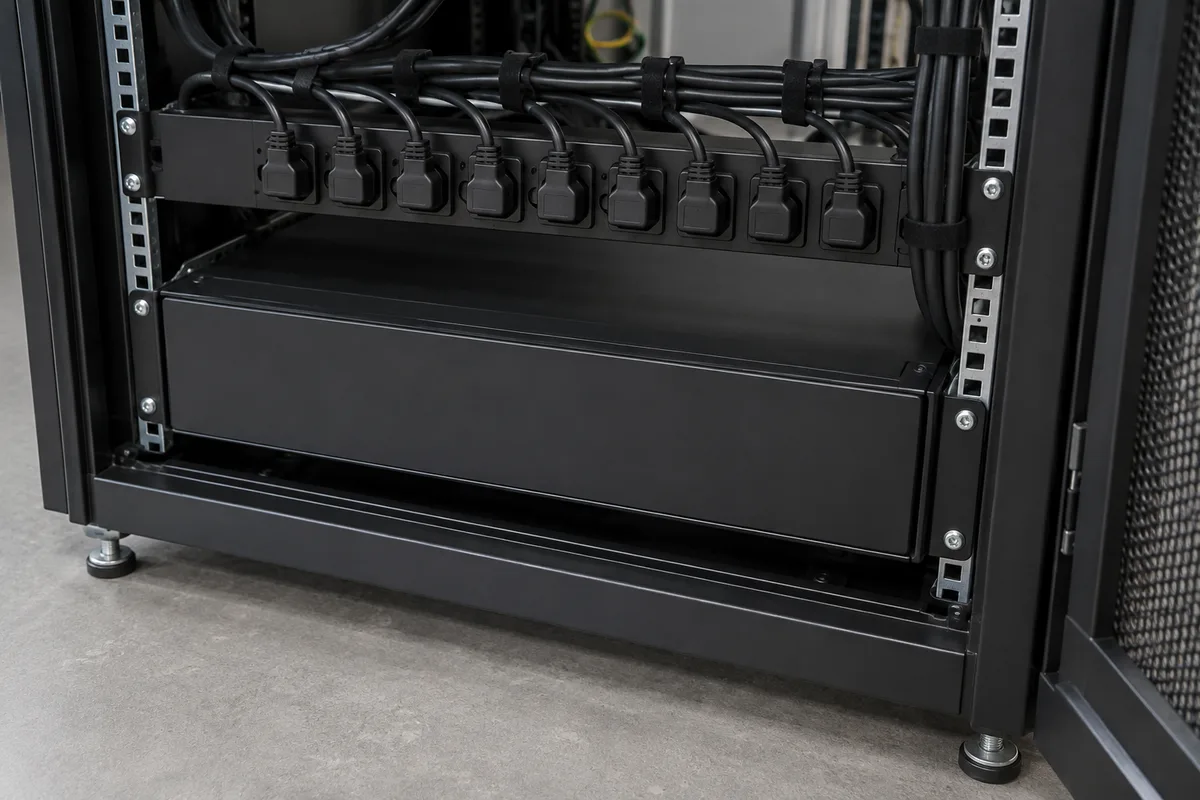 Onduleur rackable et bandeau de prises en bas d&rsquo;une baie informatique